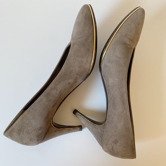 Vintage Bruno Magli Taupe Suede Gold Trim Pumps Heels - Picture 4 of 13